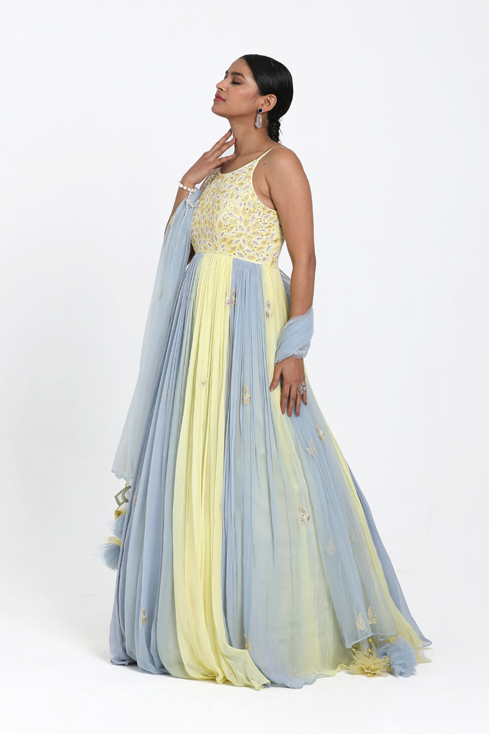 Lemon Yellow & Blue Ombre Anarkali Set.