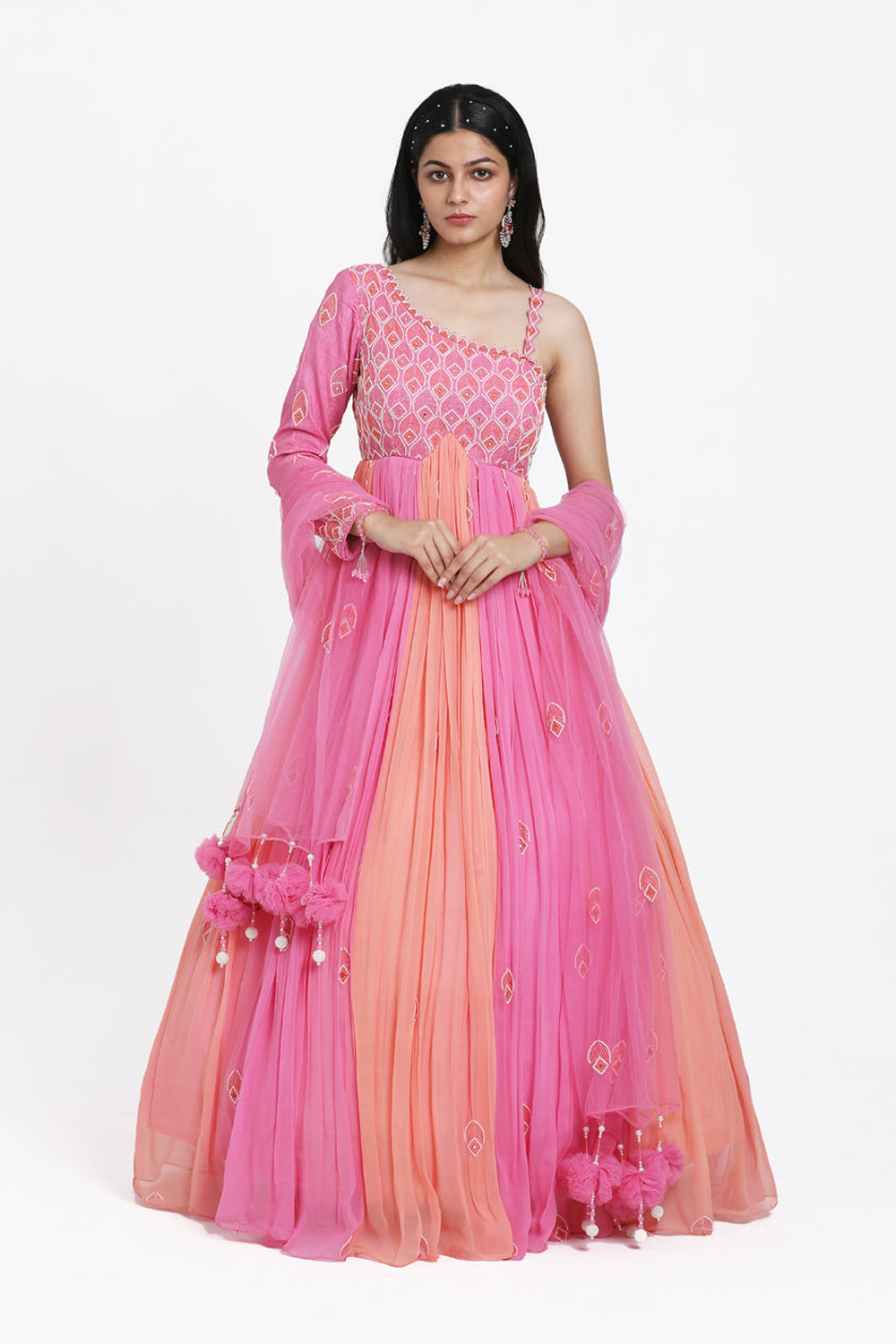 Pink & Peach Ombre Geather Anarkali Set.