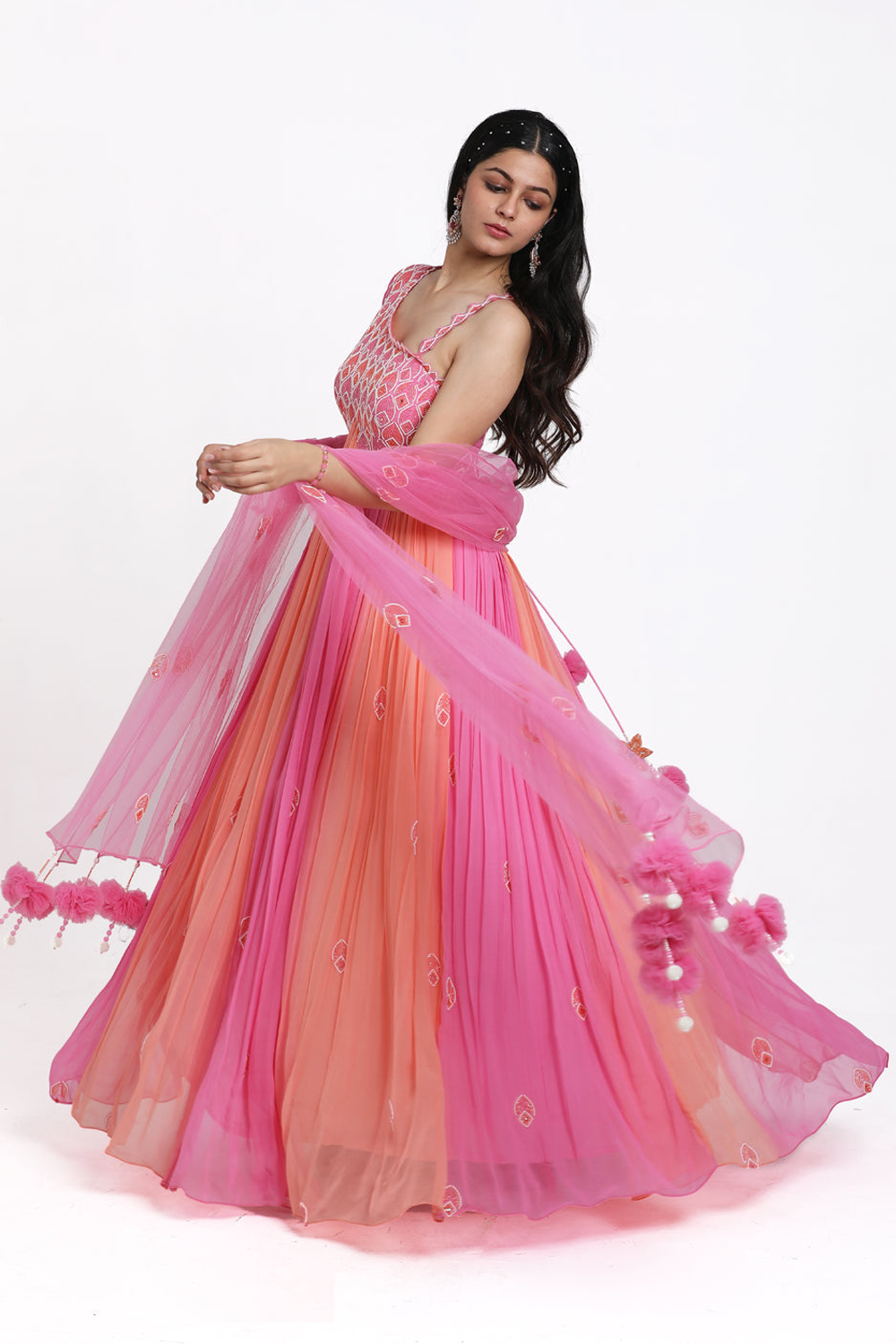 Pink & Peach Ombre Geather Anarkali Set.