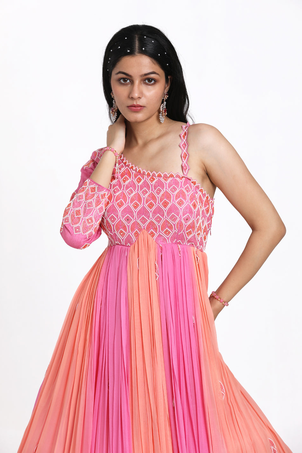Pink & Peach Ombre Geather Anarkali Set.