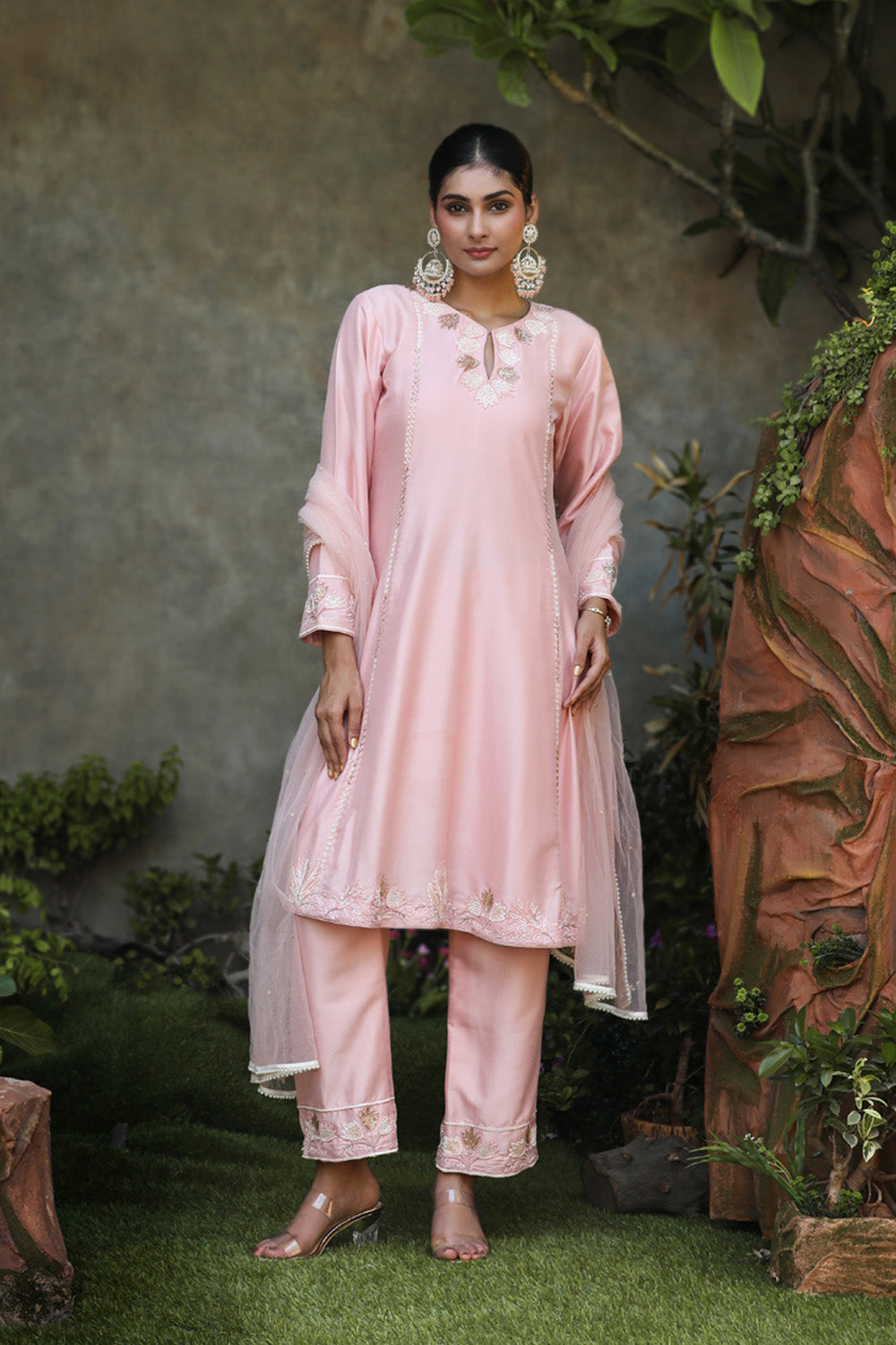 Light Peach Silk A-Line Floral Embroidered Suit With Pant And Dupatta Set.