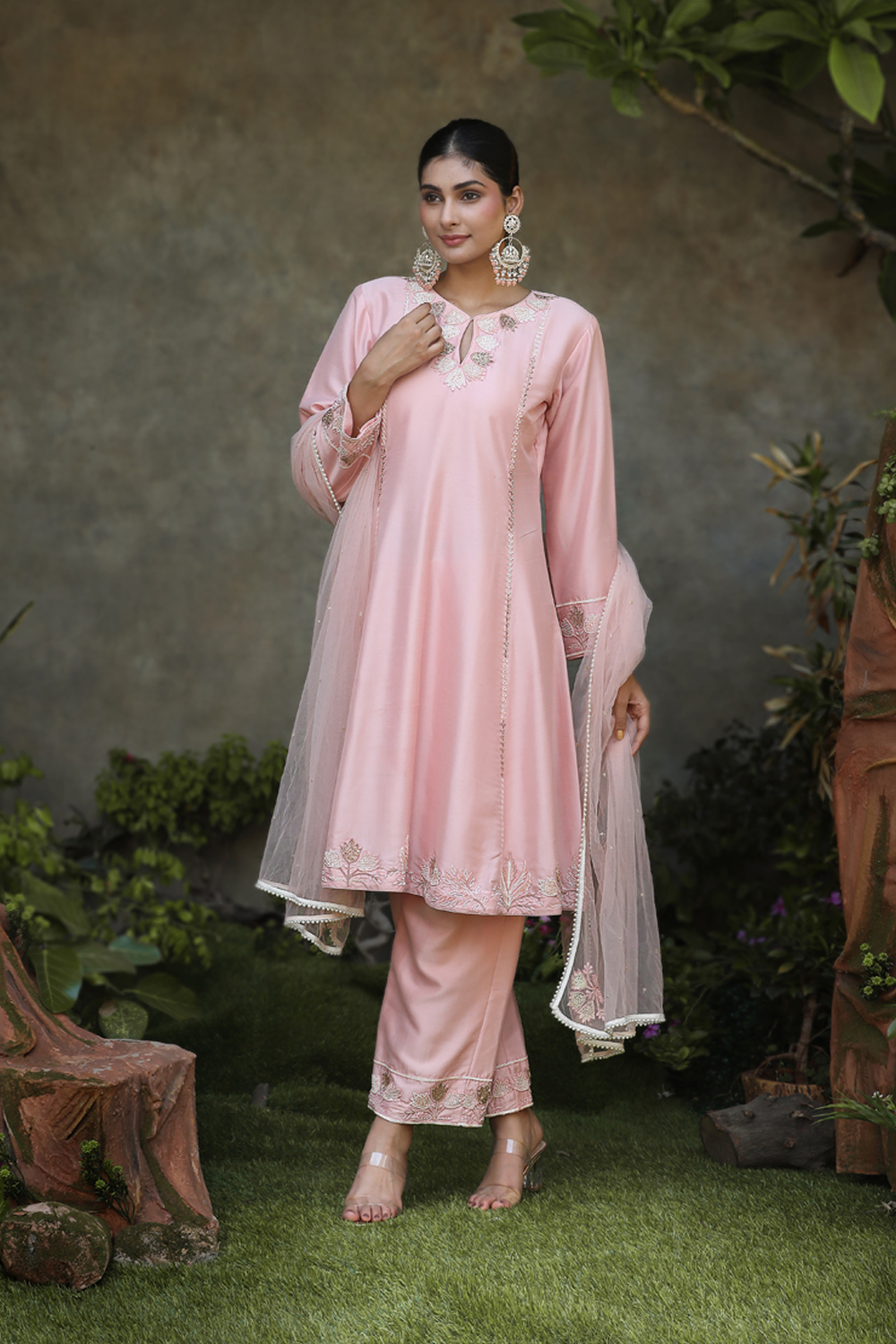 Light Peach Silk A-Line Floral Embroidered Suit With Pant And Dupatta Set.