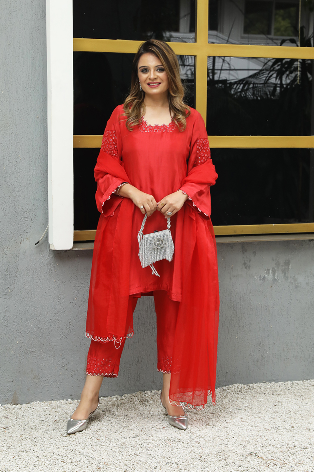 Red Silk Geometric Embroidered Straight Suit With Pant And Organza Dupatta Set.
