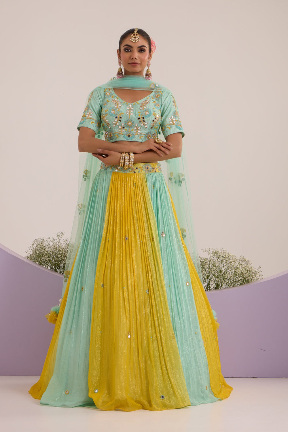 Aqua Blue & Yellow Pop-Up Lehanga With Blouse & Dupatta Set.