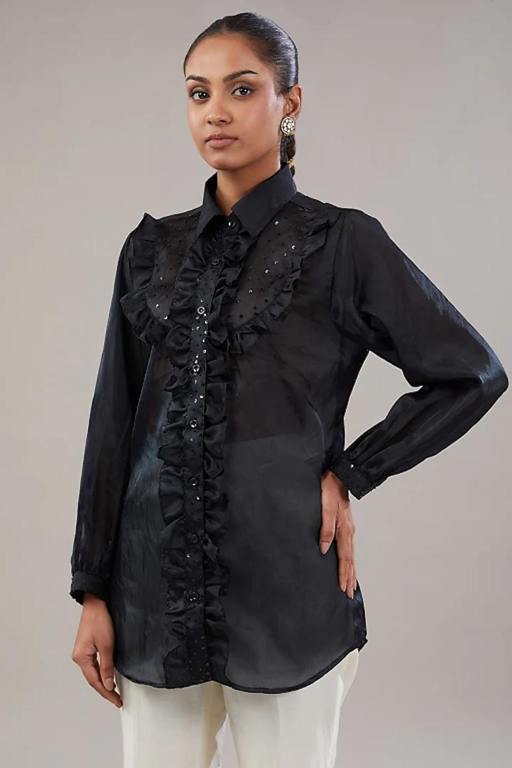 Black Organza Sequence Embroidered Shirt.
