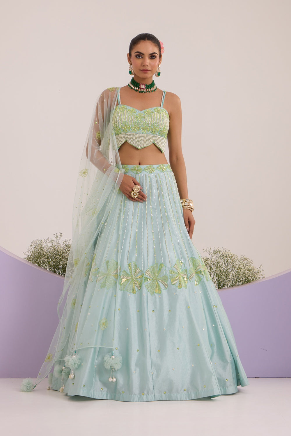Aqua Blue Lehanga With Blouse & Dupatta Set.