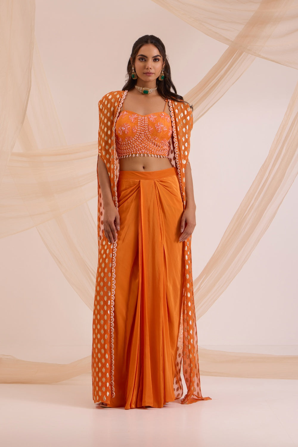Orange Bustier With Drape Skirt & Cape