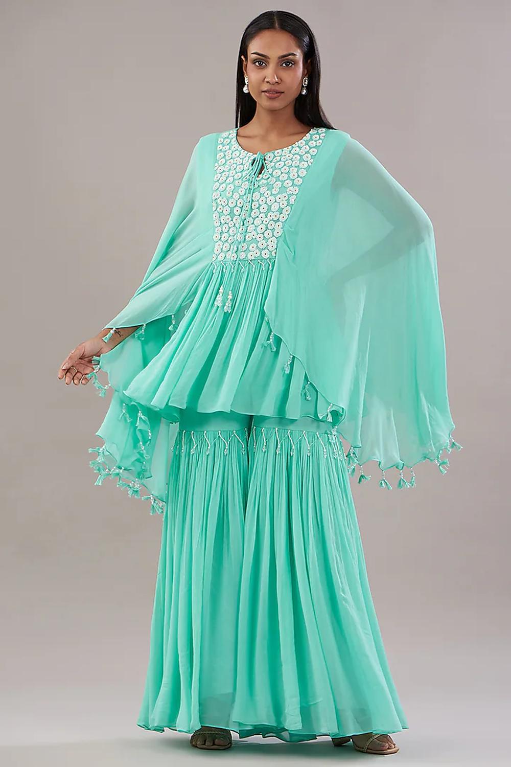 Aqua Blue Georgette Floral Embroidered Kaftan With Garara Set.