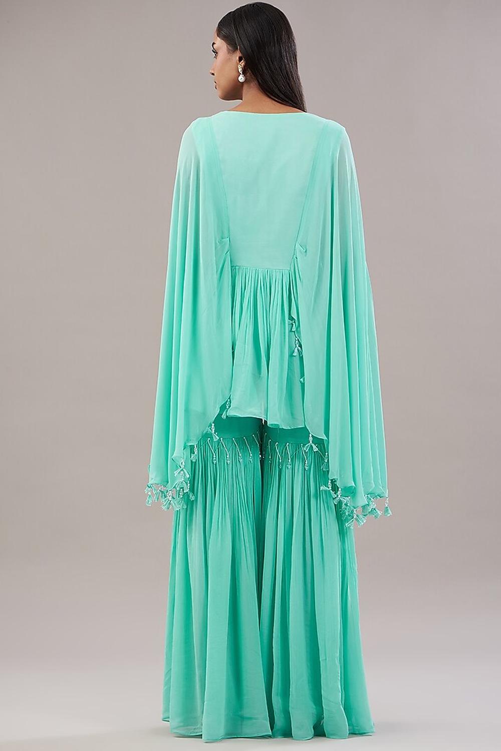 Aqua Blue Georgette Floral Embroidered Kaftan With Garara Set.