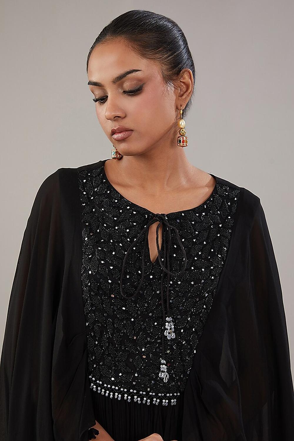 Black Georgette Geometric Embroidered Kaftan With Garara Set.