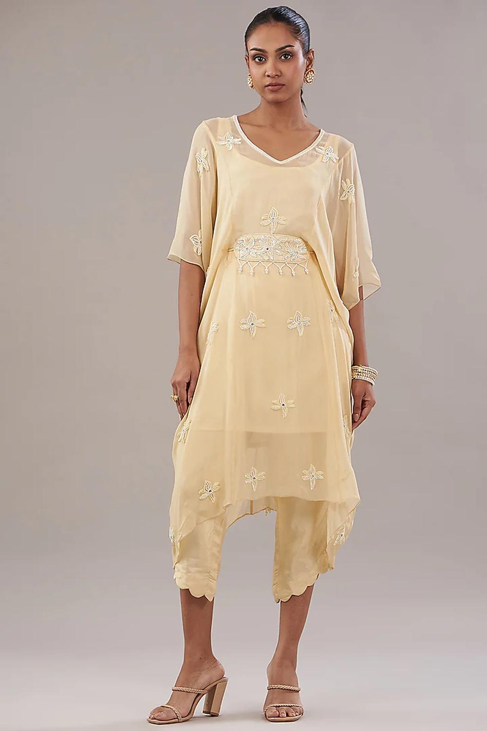 Beige Georgette Floral Embroidered Kaftan With Pant Set.
