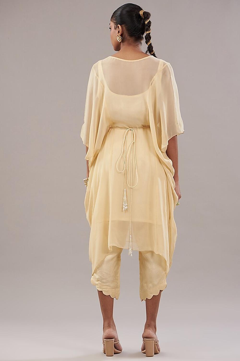 Beige Georgette Floral Embroidered Kaftan With Pant Set.