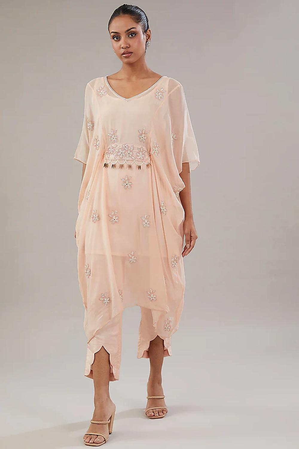 Peach Georgette Floral Embroidered Kaftan With Pant Set.