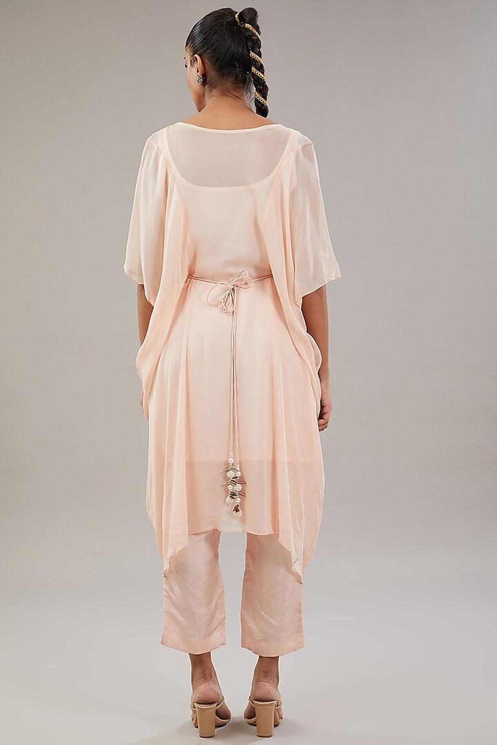 Peach Georgette Floral Embroidered Kaftan With Pant Set.