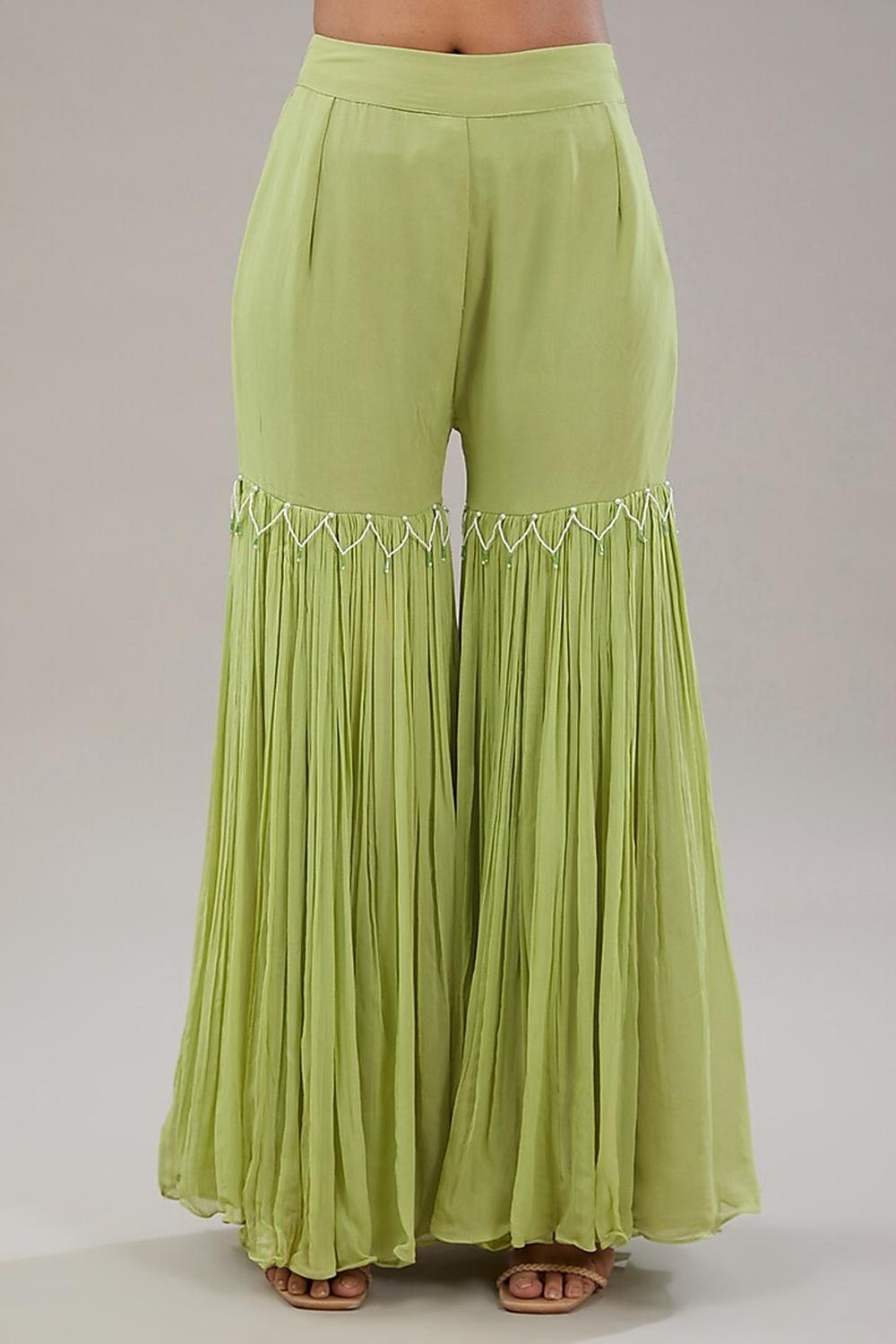 Green Georgette Floral Embroidered Kaftan With Garara Set.
