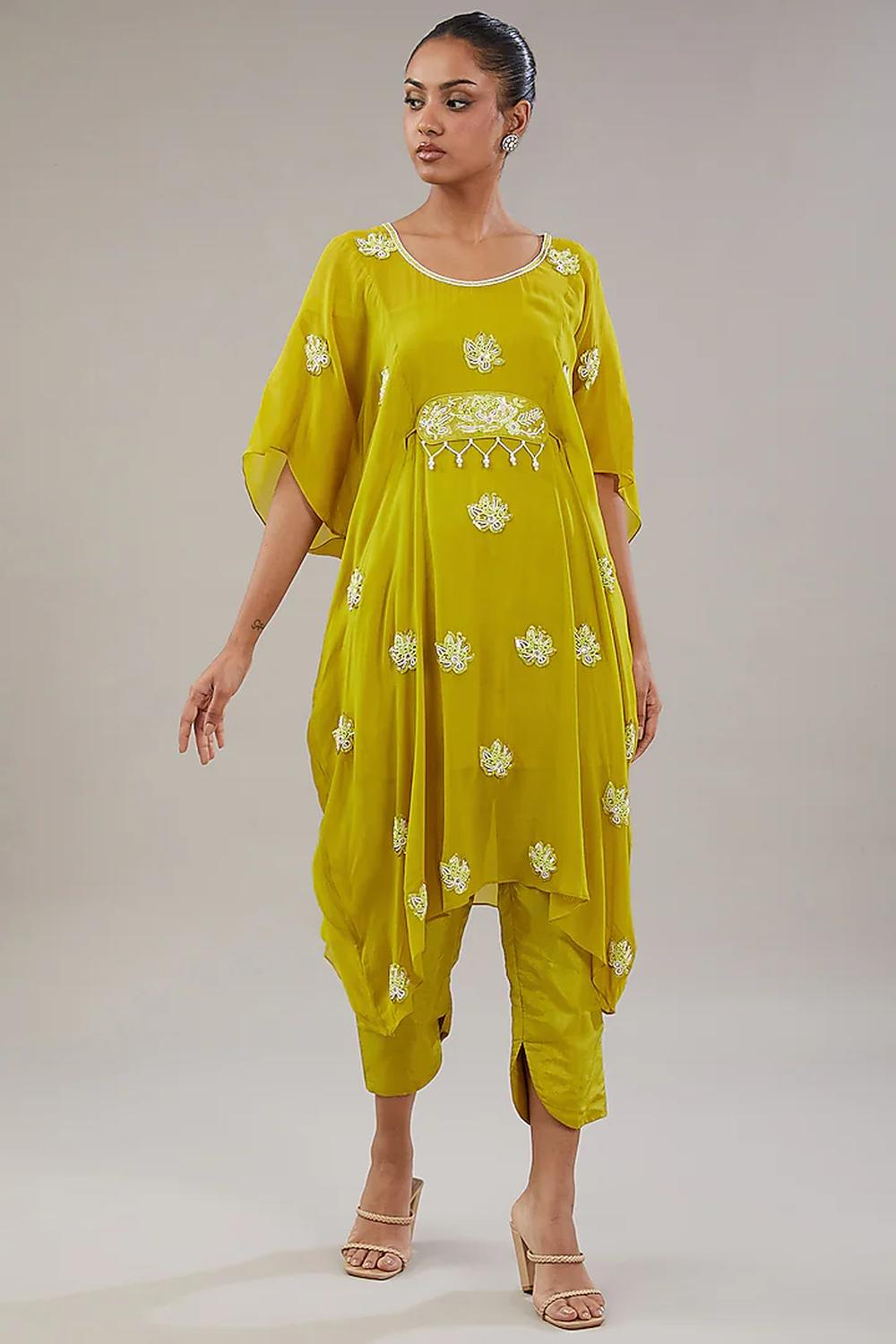 Lime Green Georgette Floral Embroidered Kaftan With Pant Set.