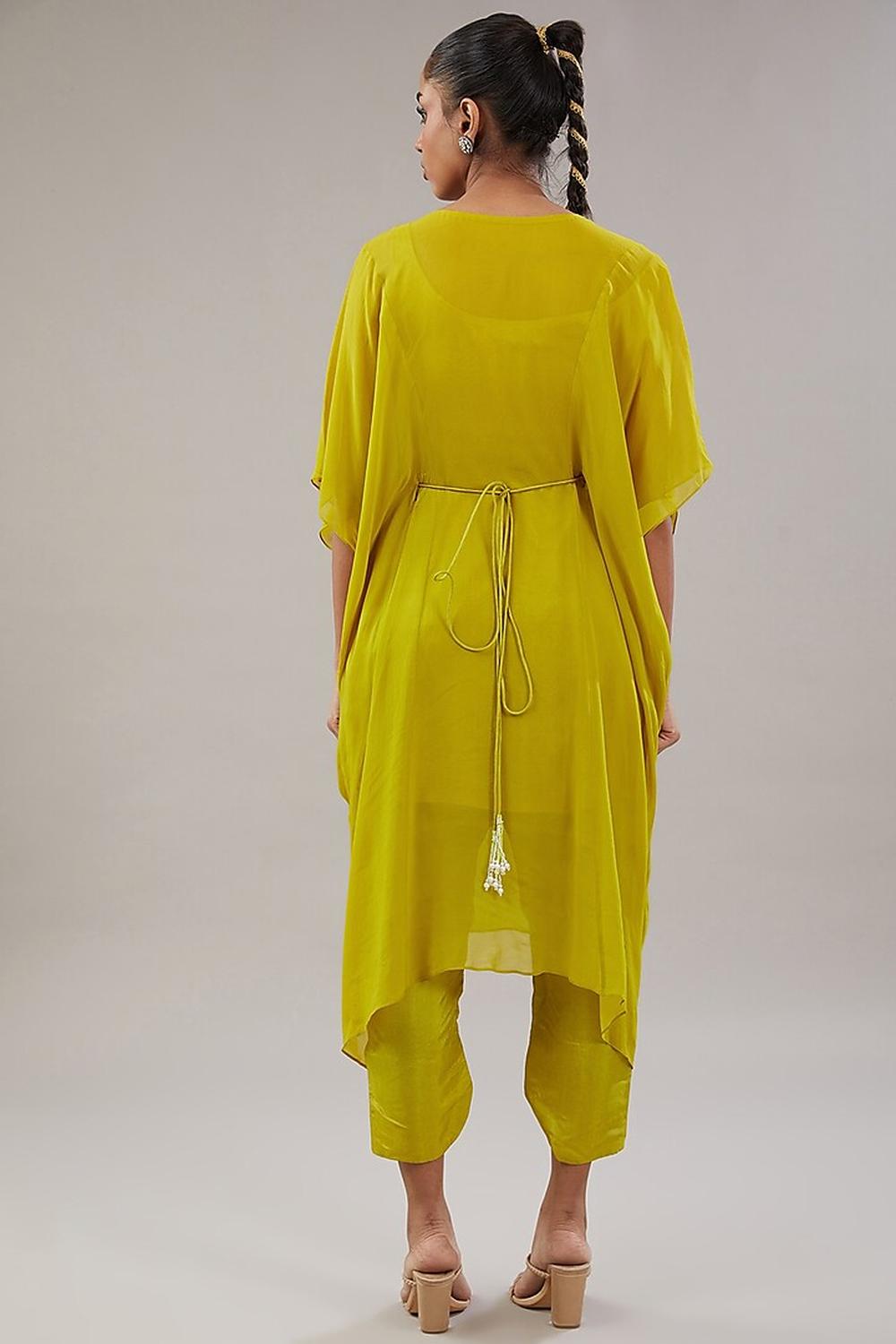 Lime Green Georgette Floral Embroidered Kaftan With Pant Set.