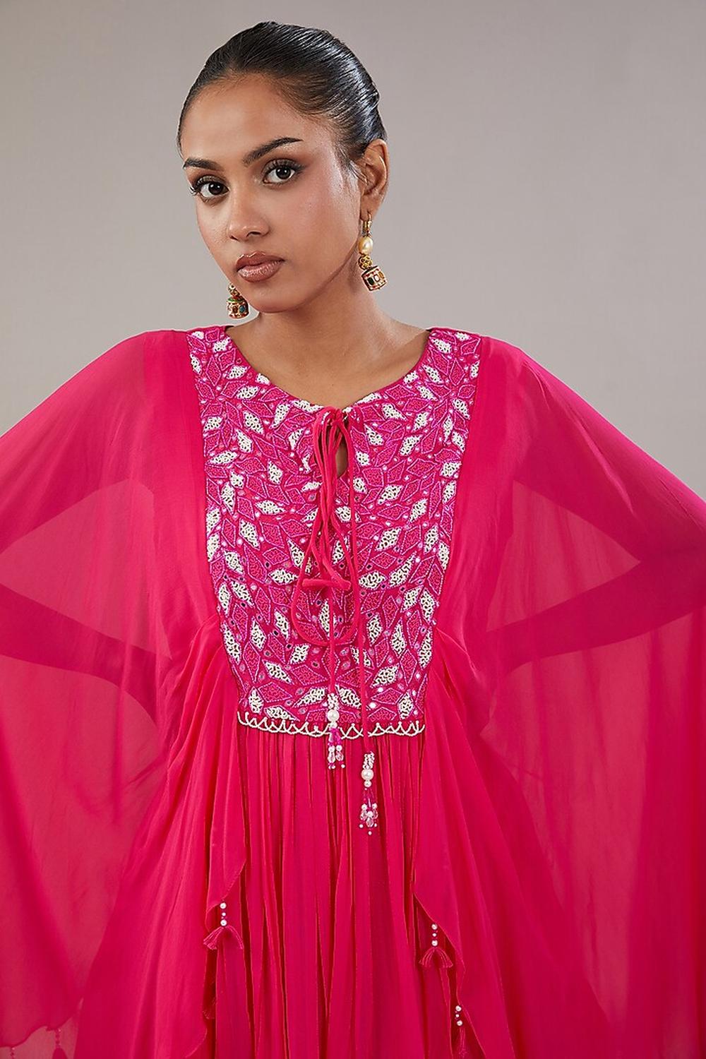 Fuscia Pink Georgette Geometric Embroidered Kaftan With Garara Set.