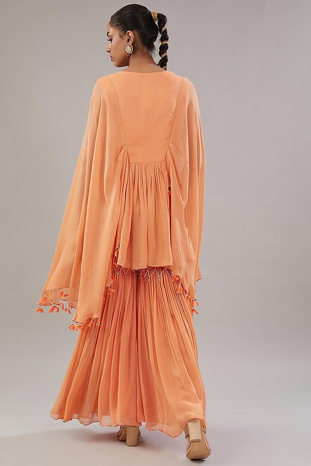 Peach Georgette Geometric Embroidered Kaftan With Garara Set.