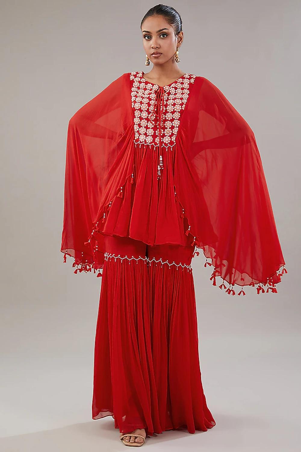 Red Georgette Floral Embroidered Kaftan With Garara Set.