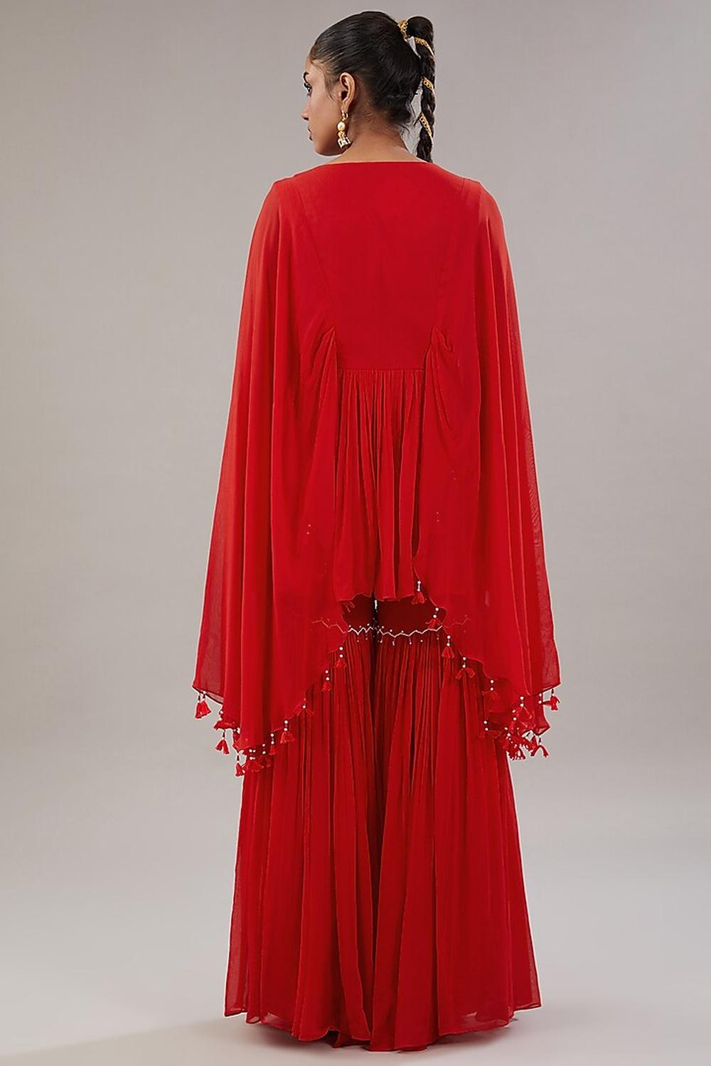 Red Georgette Floral Embroidered Kaftan With Garara Set.