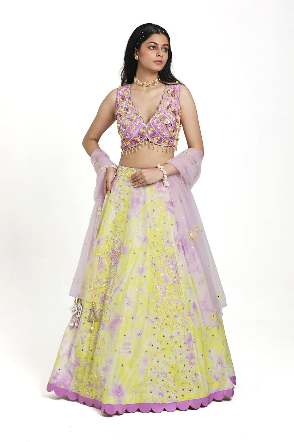 Lilac Blouse With Green & Lilac Tie Dye Lehenga Set