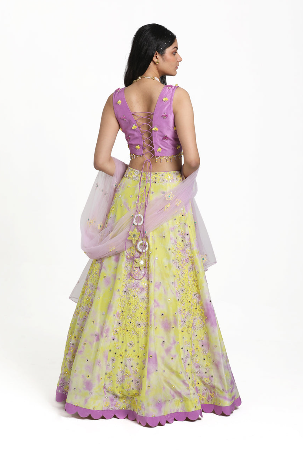 Lilac Blouse With Green & Lilac Tie Dye Lehenga Set