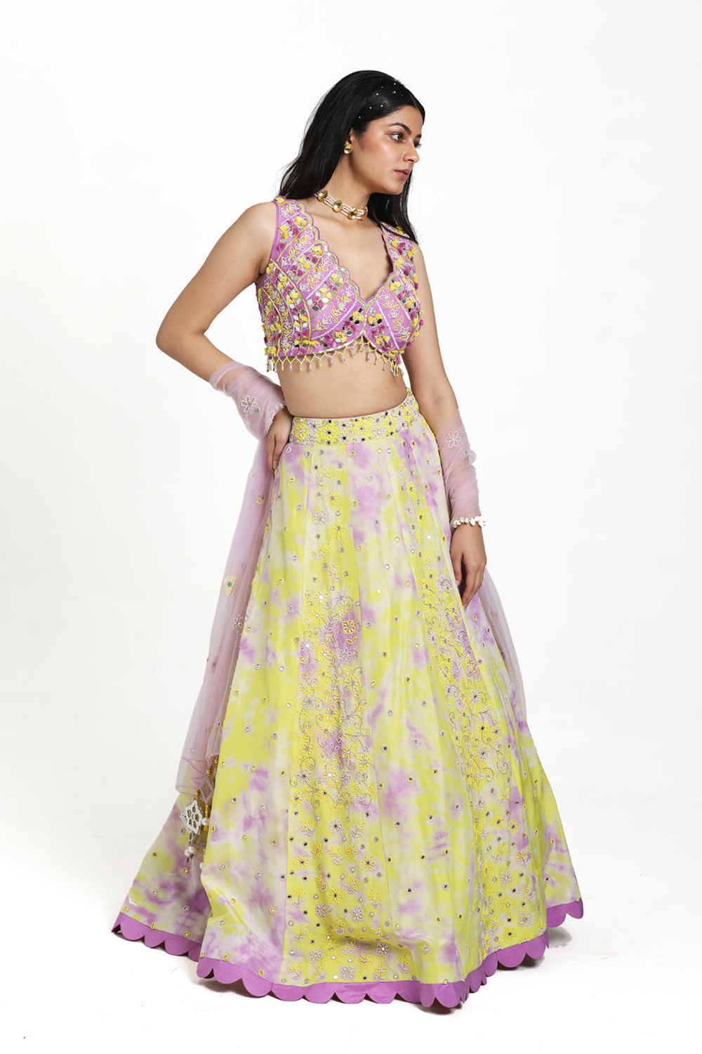 Lilac Blouse With Green & Lilac Tie Dye Lehenga Set