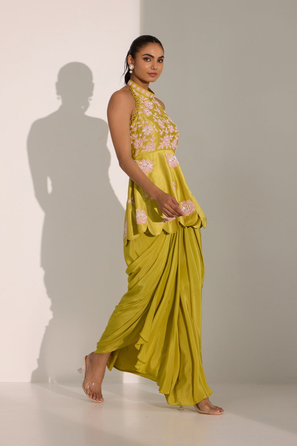 Lime Green Peplum With Drepe Skirt.