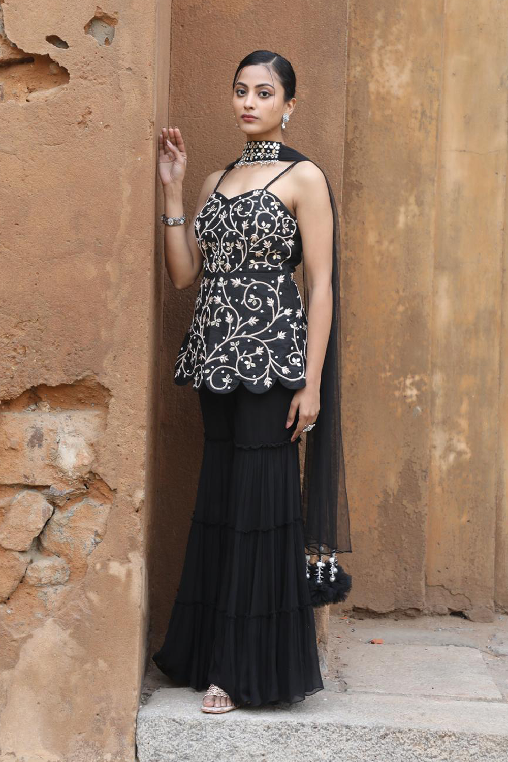 Black Peplum With Three Layer Garara Set