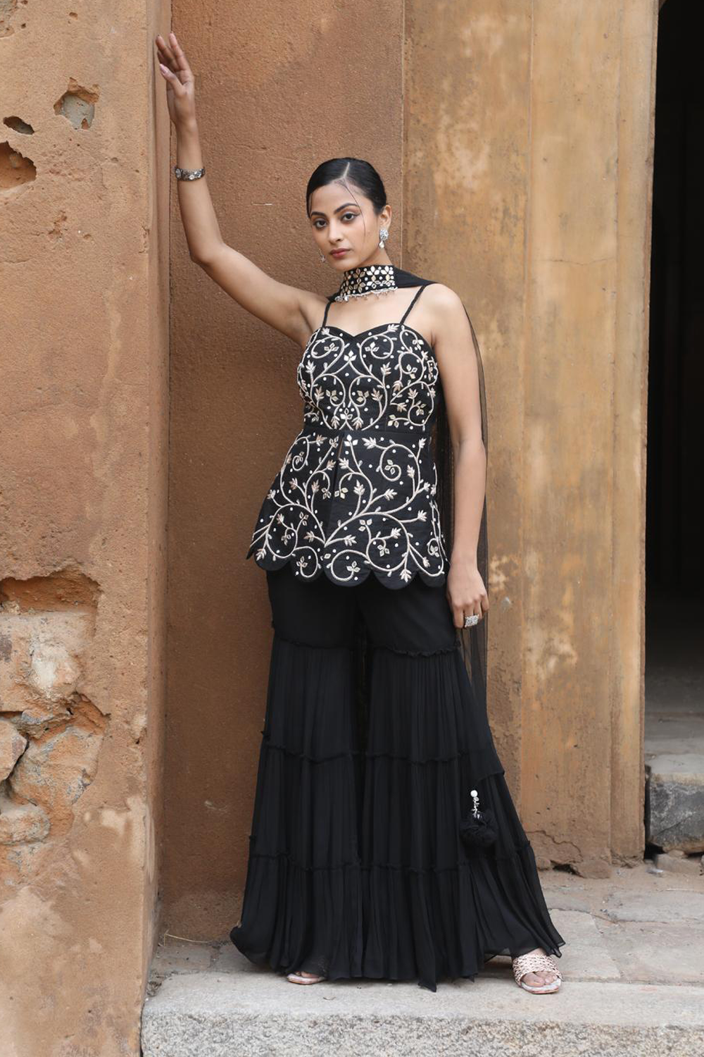 Black Peplum With Three Layer Garara Set