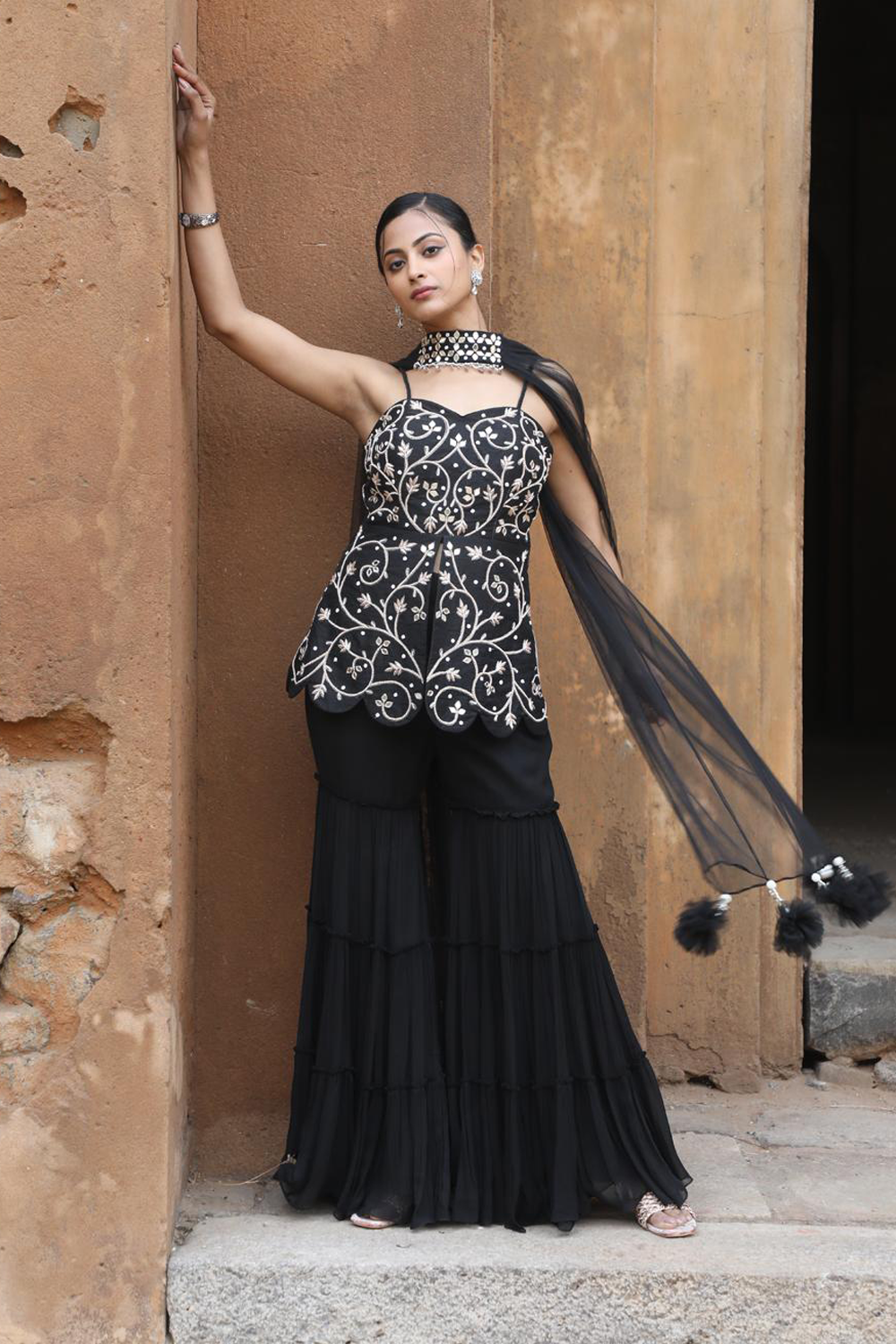 Black Peplum With Three Layer Garara Set
