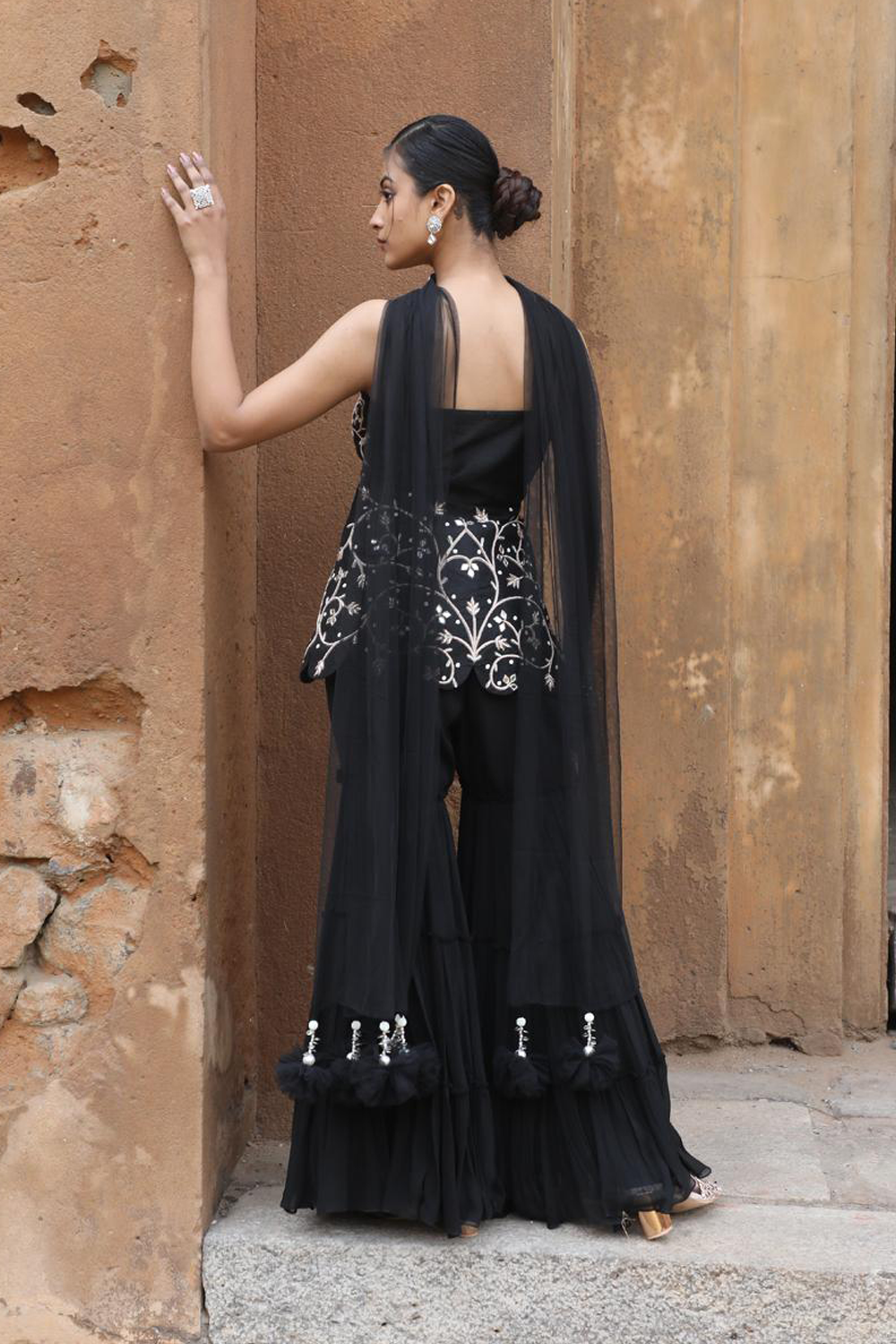 Black Peplum With Three Layer Garara Set