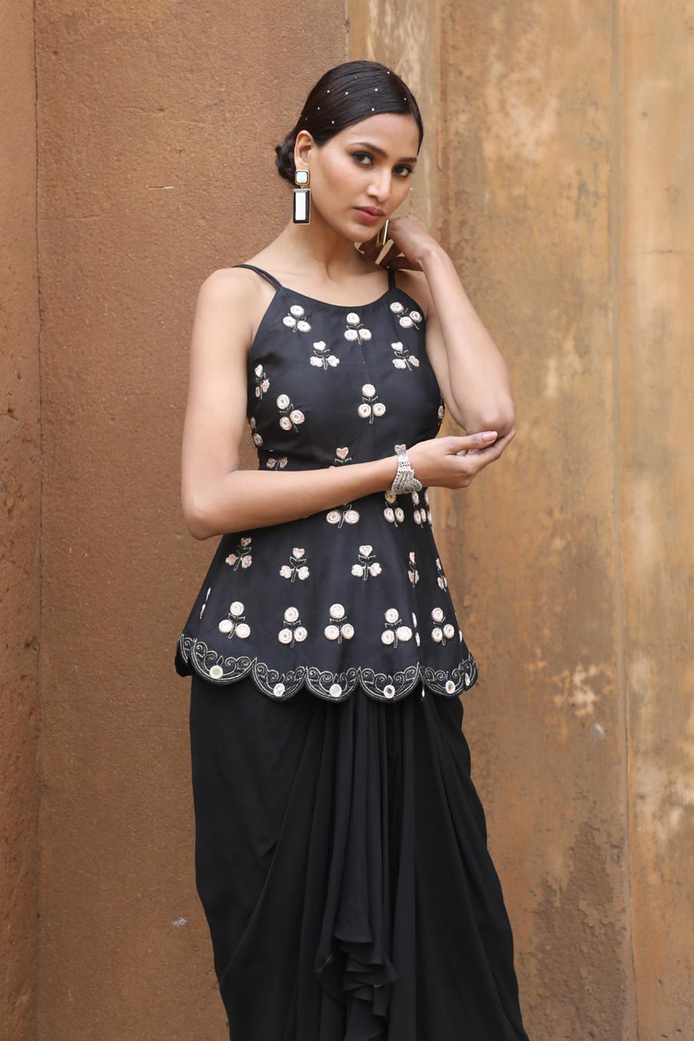Black Peplum With Drape Skirt