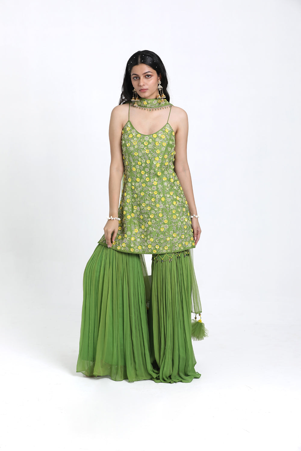 Green Straight Suit With Geather Garara & Dupatta Set
