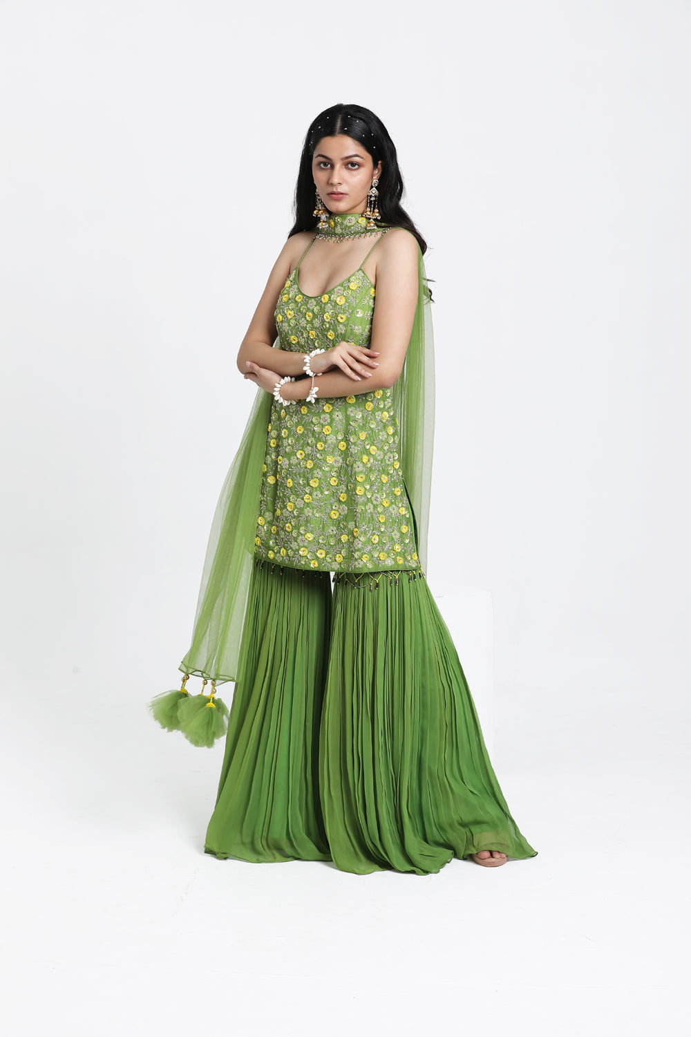 Green Straight Suit With Geather Garara & Dupatta Set
