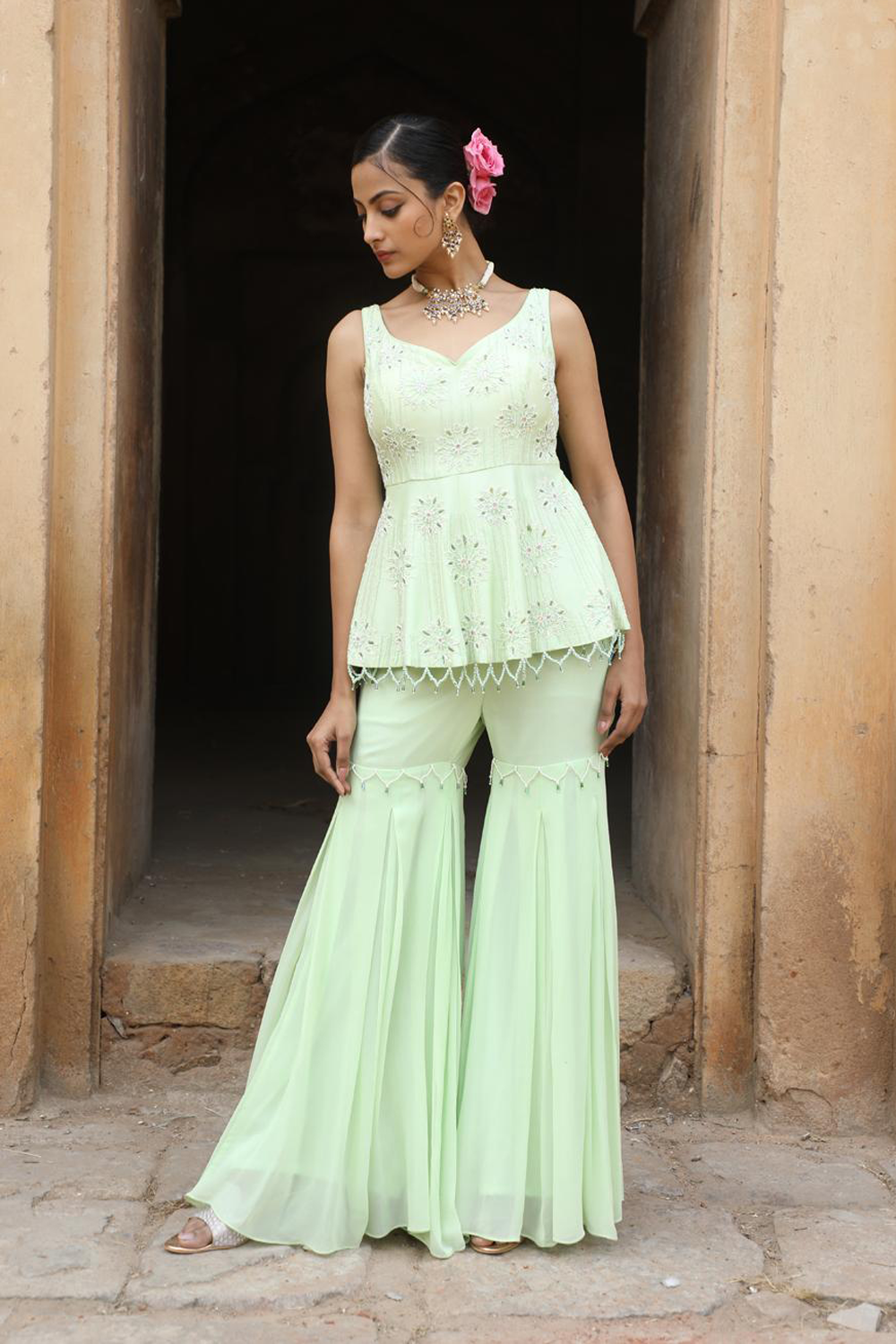 Mint Green Peplum With Box Pleat Garara Set