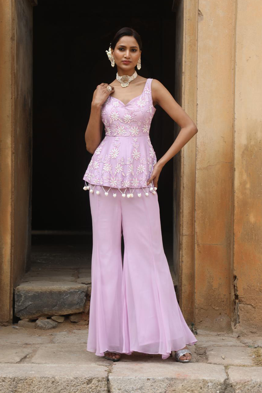 Lilac Peplum With Inserted Sharara Set