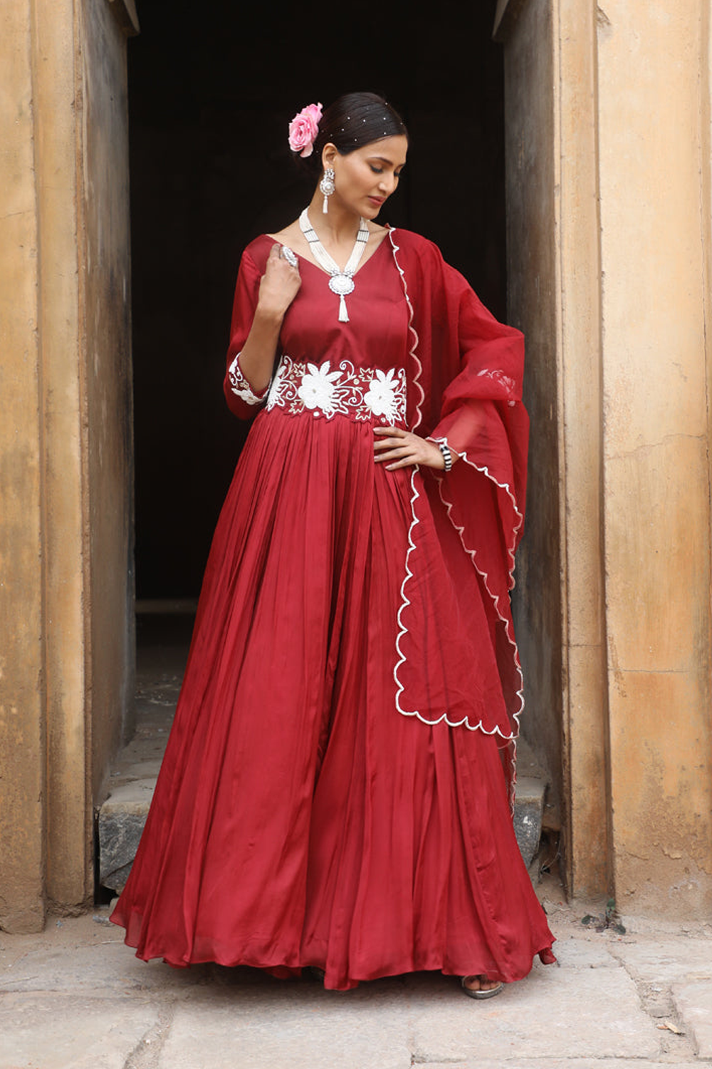 Maroon Anarkali Set With Detachable Belt And Organza Dupatta