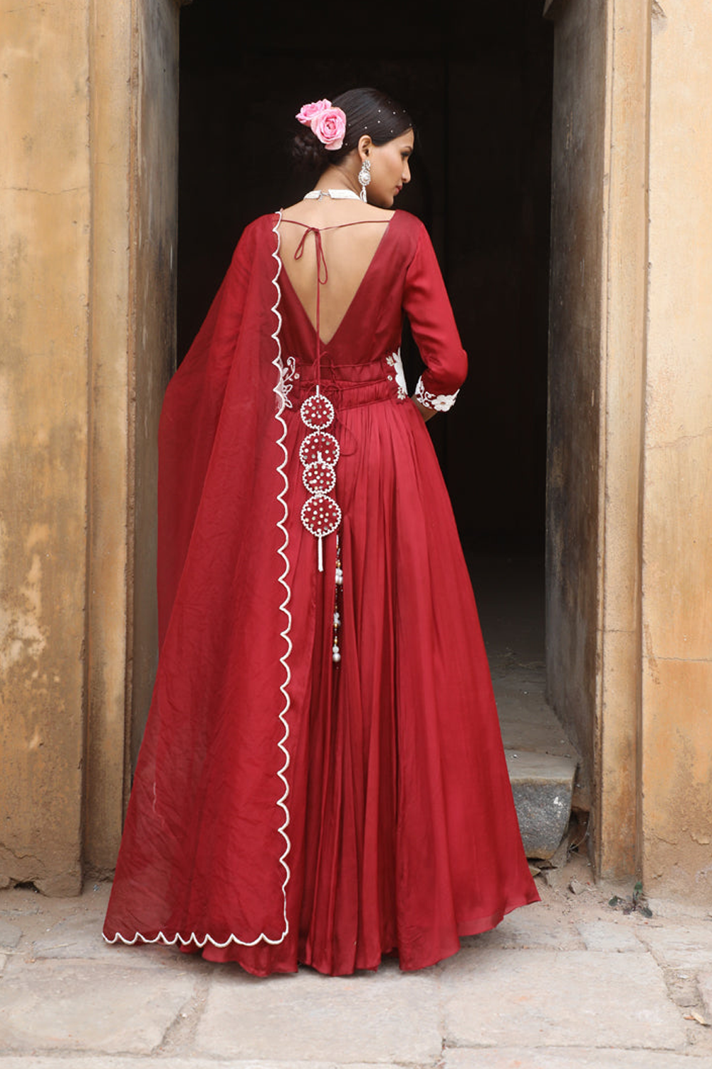 Maroon Anarkali Set With Detachable Belt And Organza Dupatta