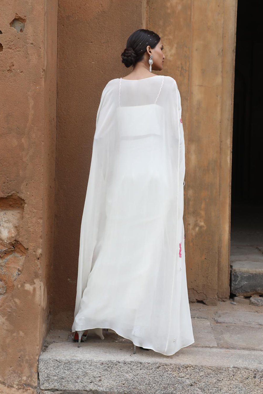 Ivory Drape Skirt With Bustier And Cape Set