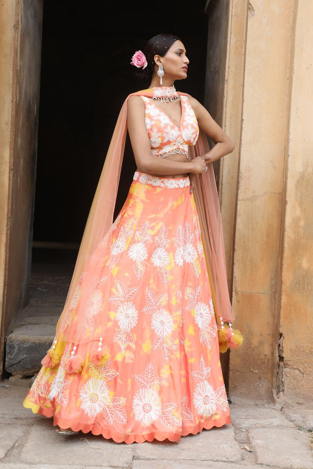 Peach- Yellow Tie-Dye Lehenga Set With Choker Dupatta