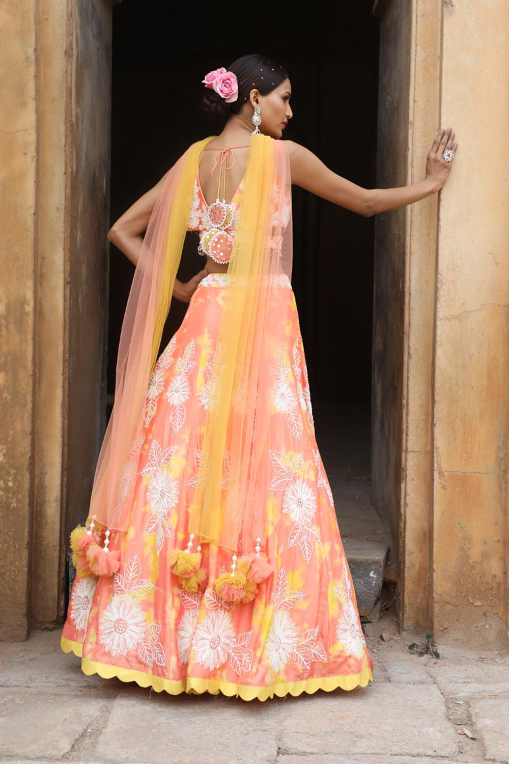 Peach- Yellow Tie-Dye Lehenga Set With Choker Dupatta