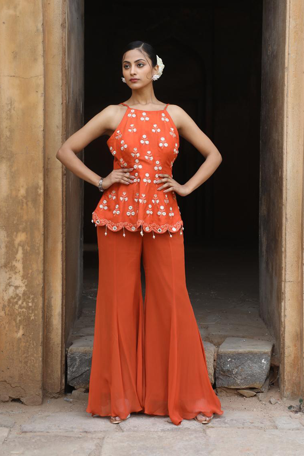 Rust Peplum With Inserted Sharara Set