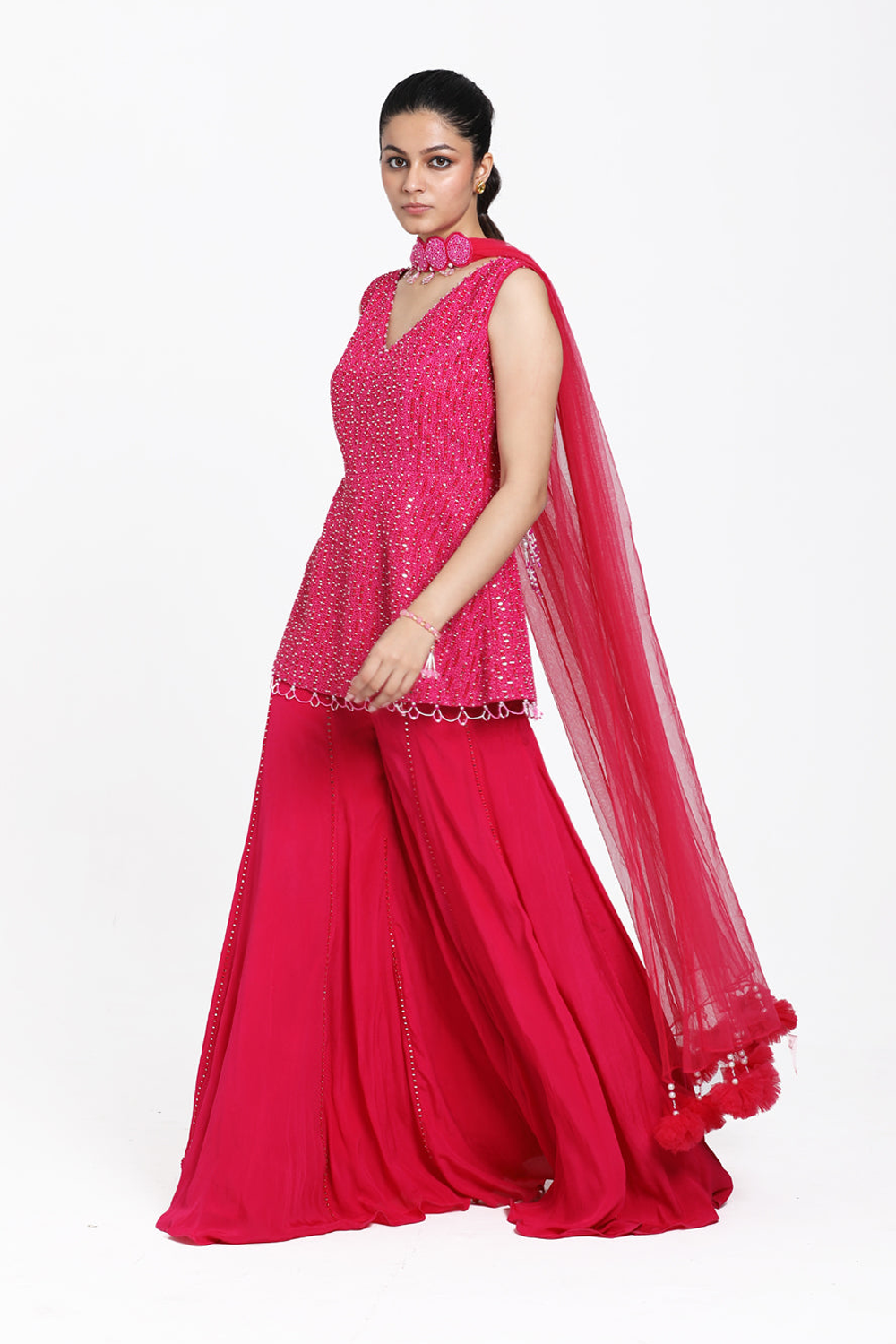 Fuscia Pink Peplum With Inserted Sharara & Chokar Dupatta Set.