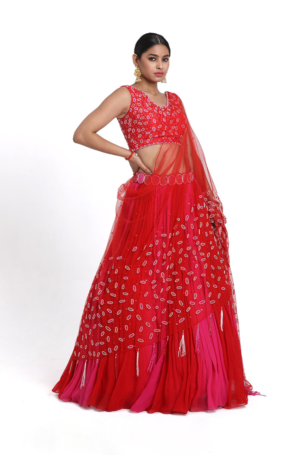 Red & Pink Ombre Lehenga Set