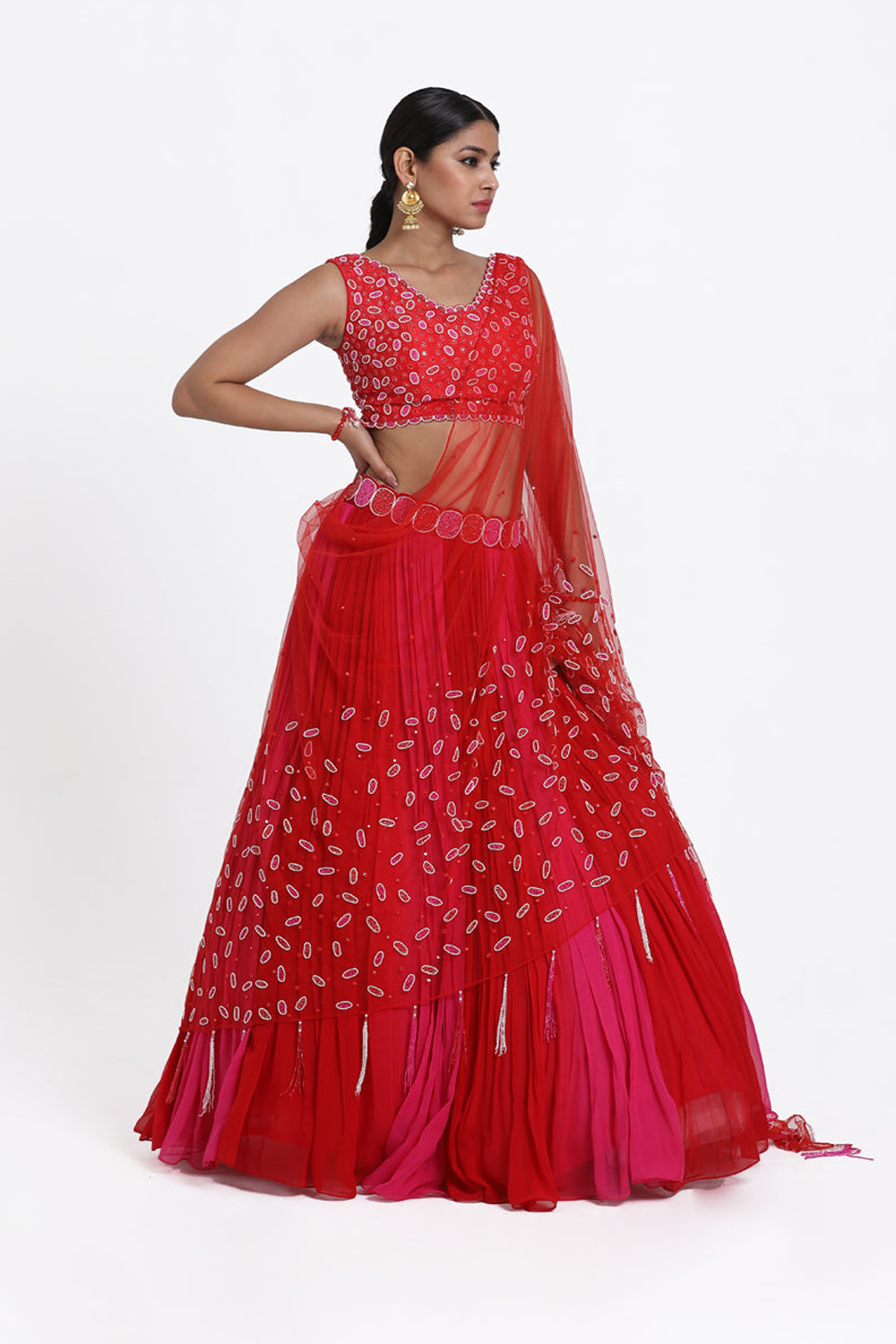Red & Pink Ombre Lehenga Set