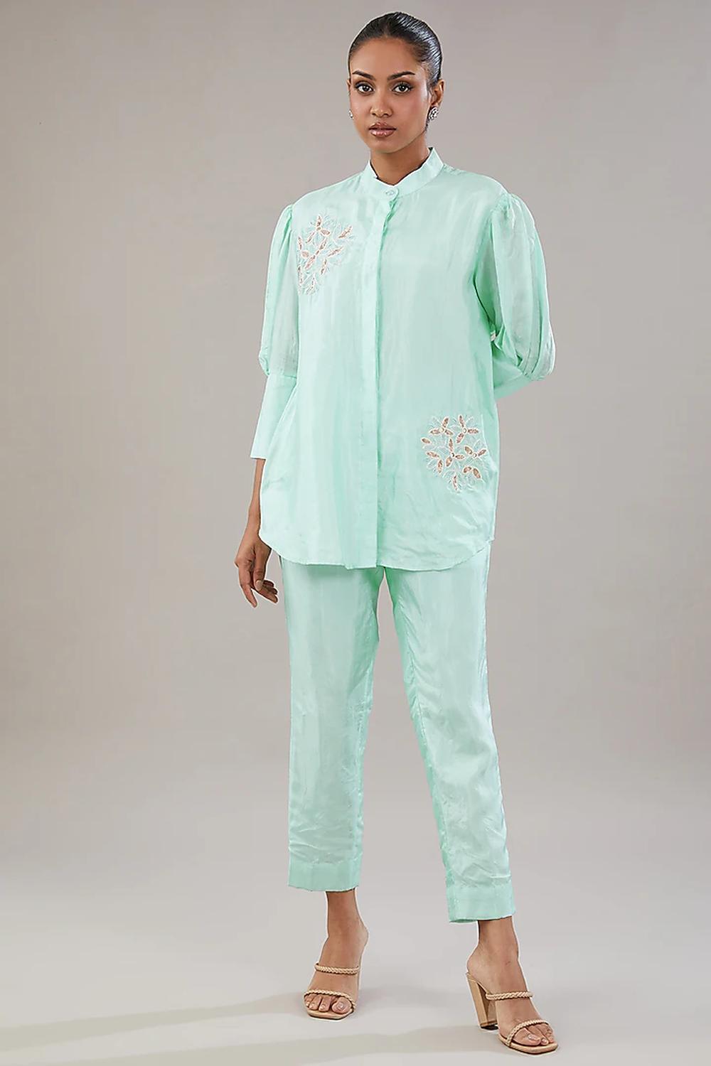 Aqua Blue Silk Floral Embroidered Shirt And Pant.