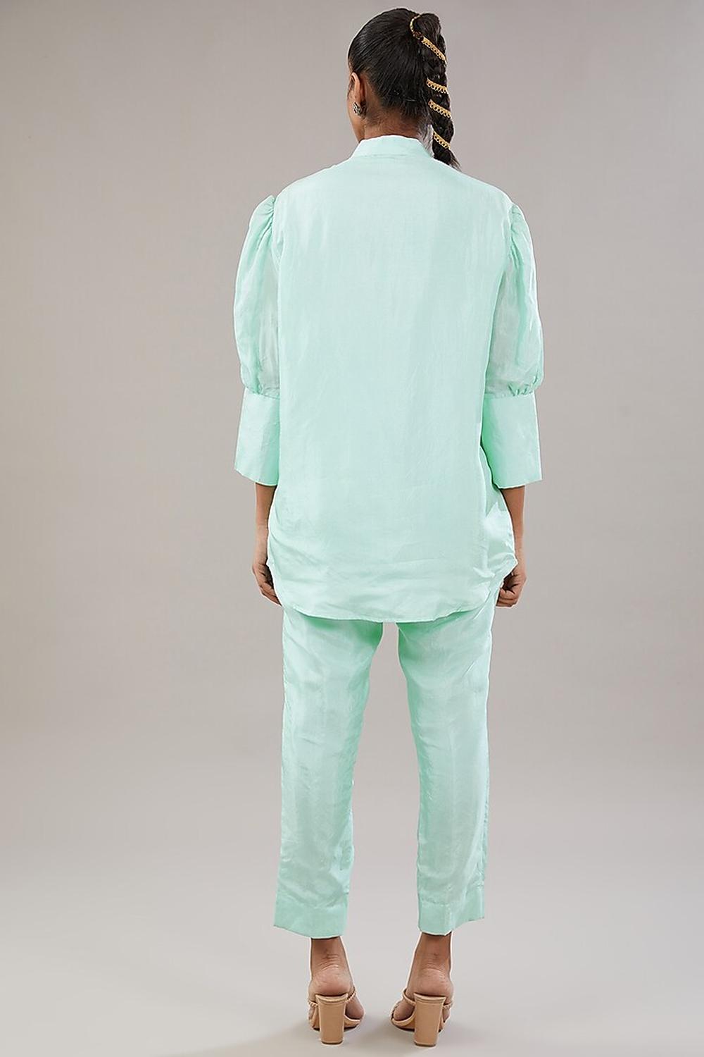 Aqua Blue Silk Floral Embroidered Shirt And Pant.