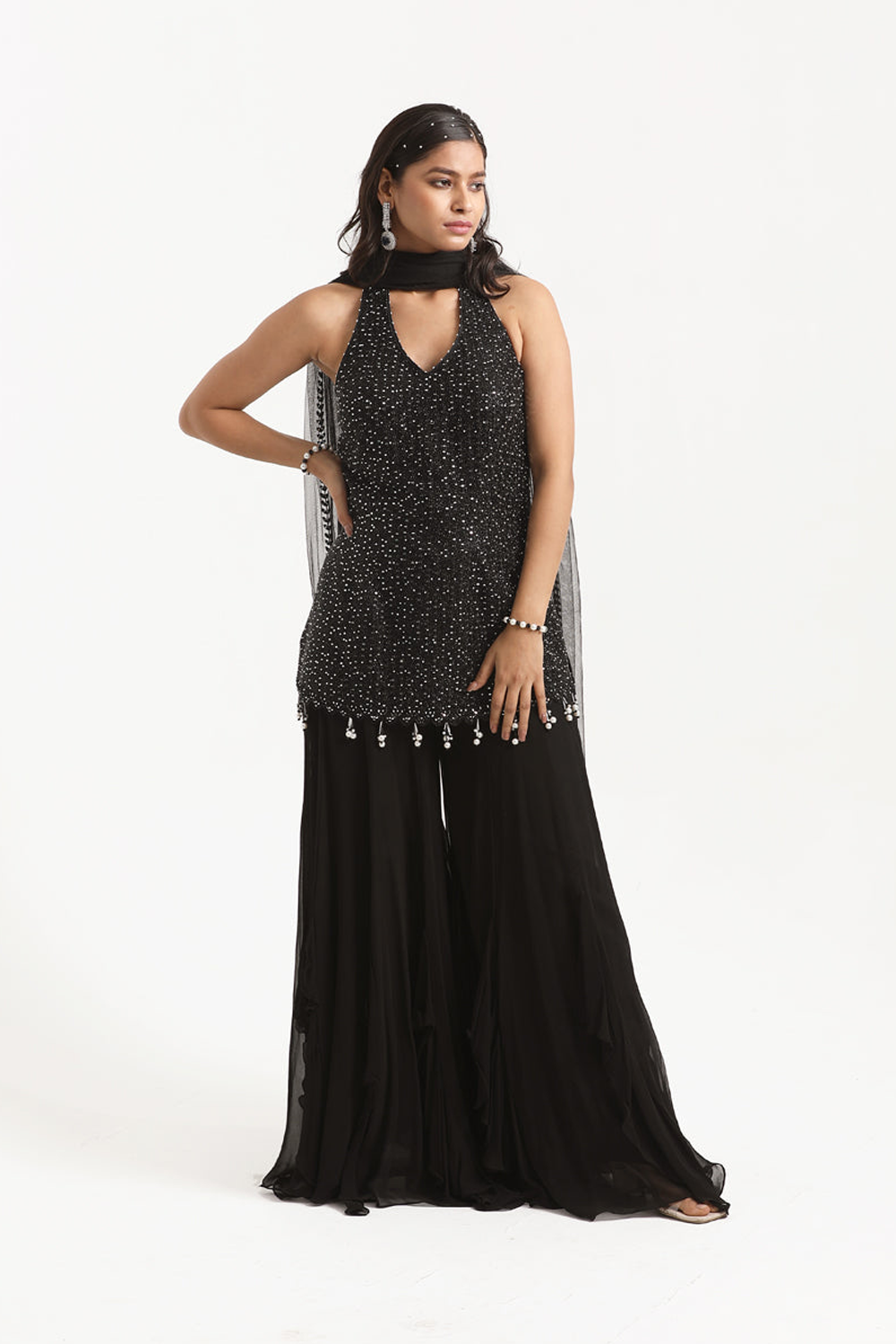Black Halter Neck Straight Suit With Inserted Sharara Set